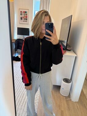 Lovers + Friends Black Bomber Jacket with Red and Pink Sleeve Stripes